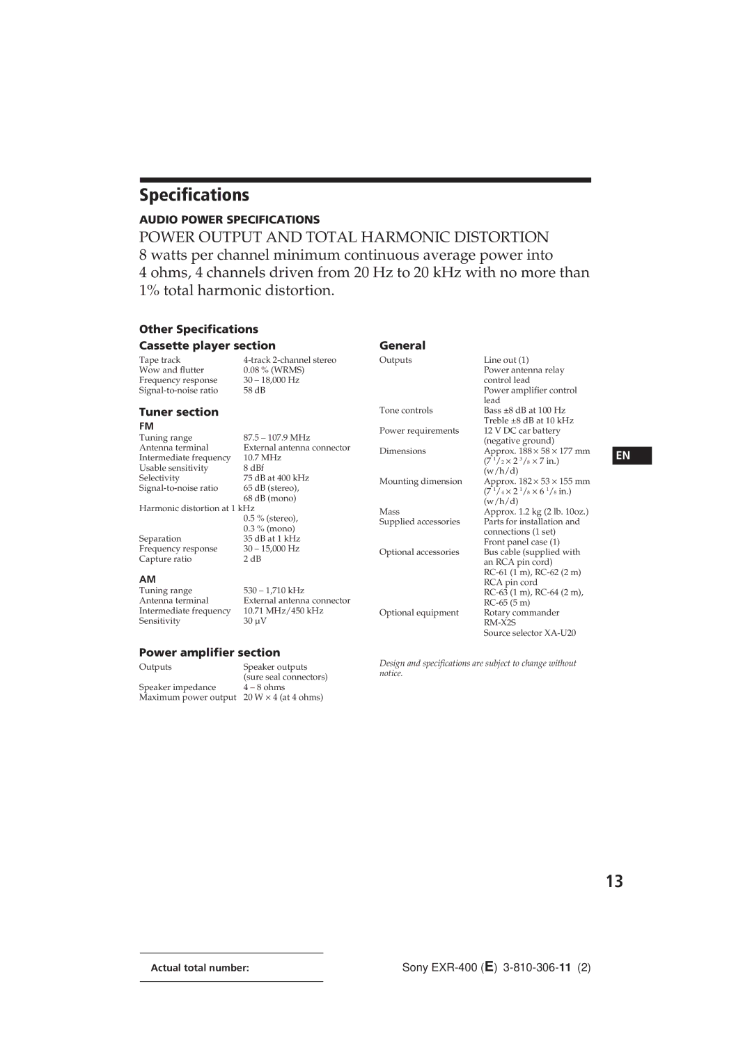 Sony EXR-400 Other Specifications Cassette player section, Tuner section, General, Power amplifier section 