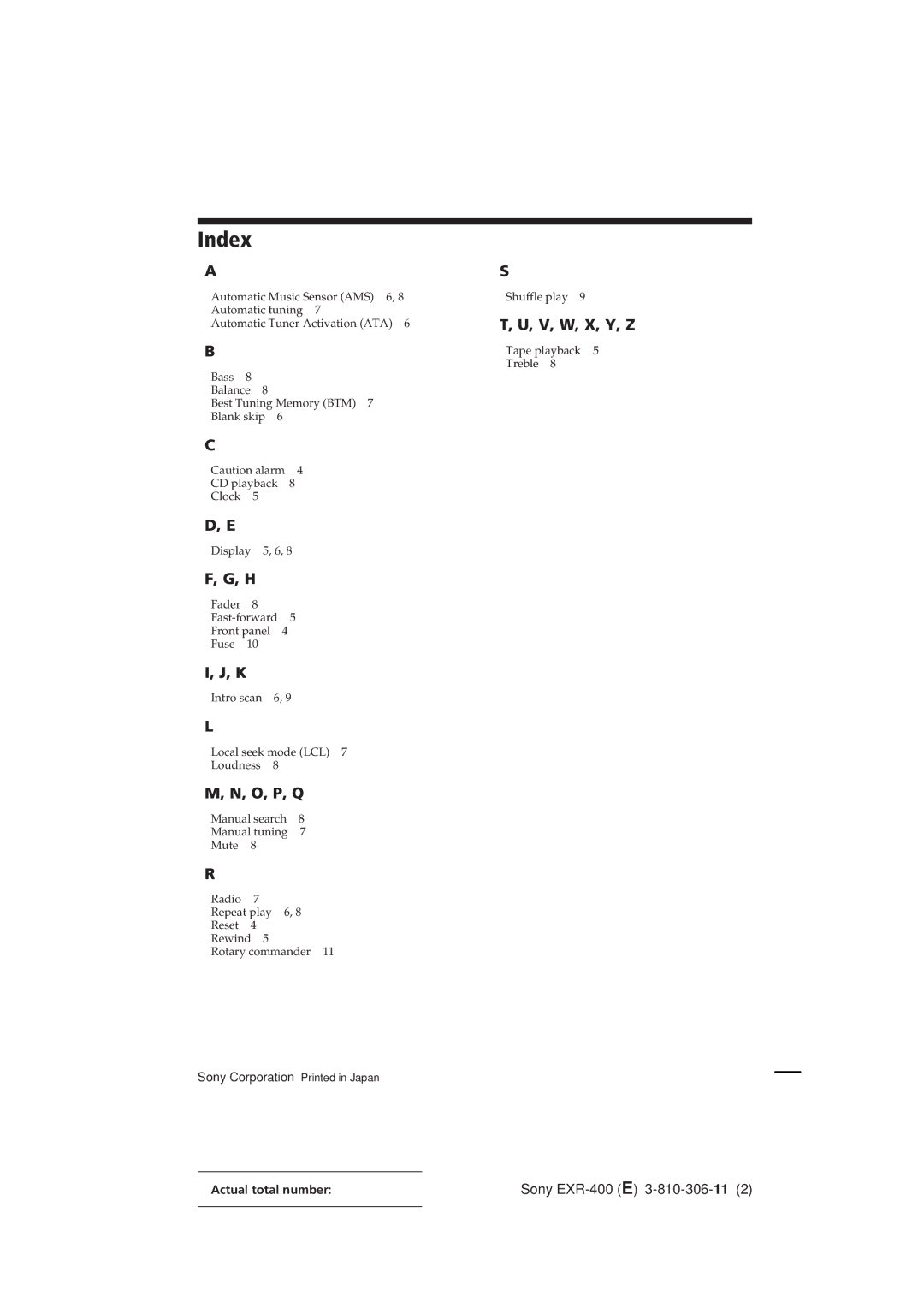 Sony EXR-400 operating instructions Index, V, W, X, Y, Z 