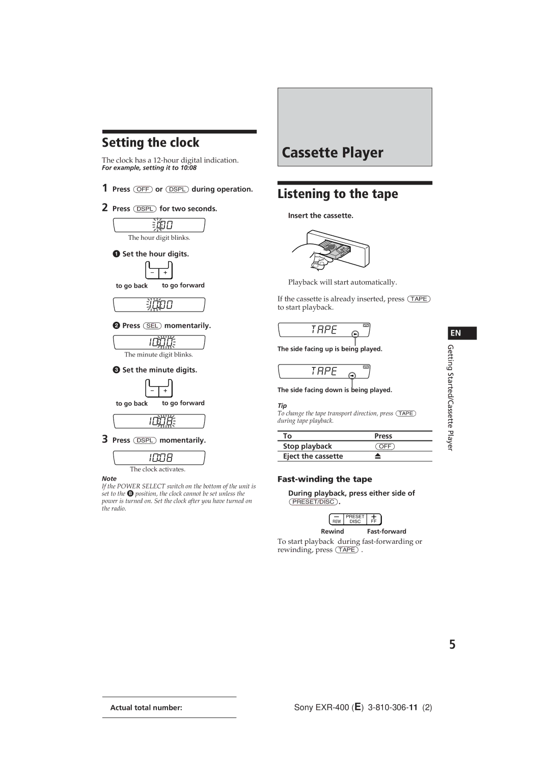 Sony EXR-400 operating instructions Cassette Player, Setting the clock, Listening to the tape, Fast-winding the tape 