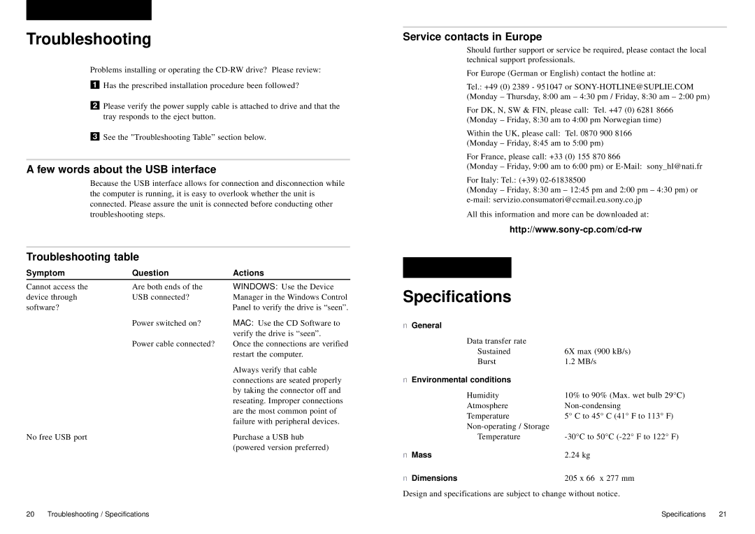 Sony External USB Specifications, Few words about the USB interface, Troubleshooting table, Service contacts in Europe 