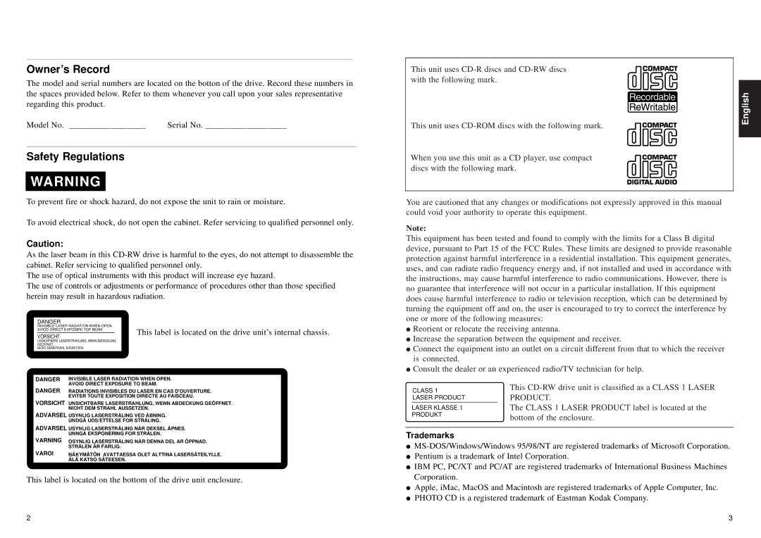 Sony External USB manual Owner’s Record, Safety Regulations, Trademarks 