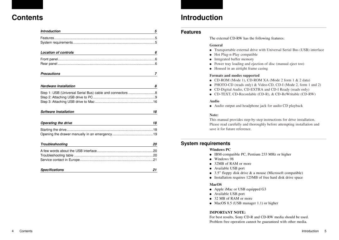 Sony External USB manual Contents, Introduction 