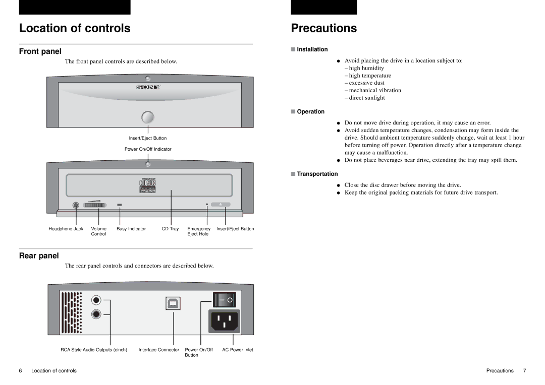 Sony External USB manual Location of controls, Precautions, Front panel, Rear panel 