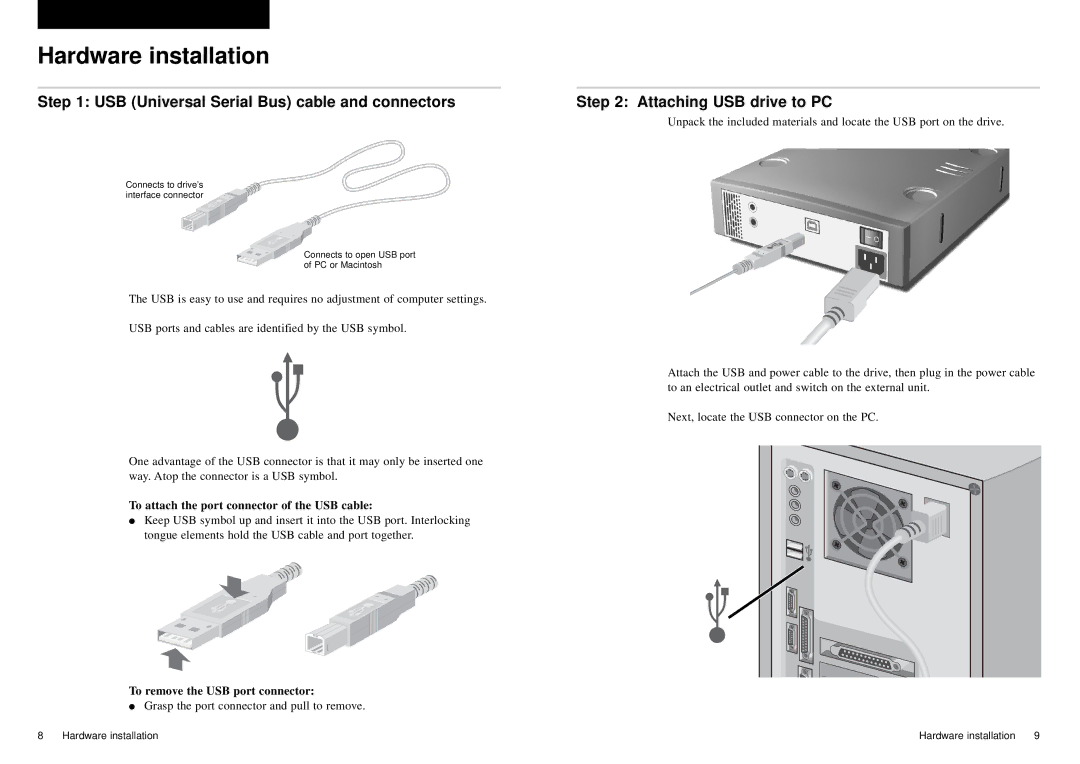 Sony External USB manual Hardware installation, USB Universal Serial Bus cable and connectors, Attaching USB drive to PC 