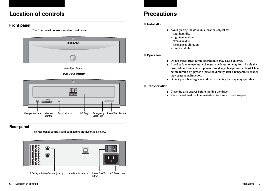 Sony External USB Location of controls, Precautions, Front panel, Rear panel, Installation, Operation, Transportation 