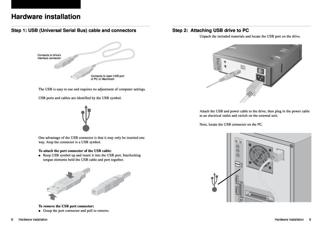Sony External USB manual Hardware installation, Attaching USB drive to PC, To attach the port connector of the USB cable 