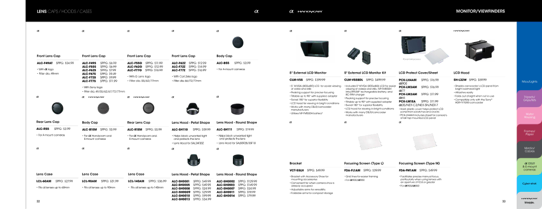 Sony FDAEP8AM manual Lens Caps / Hoods / Cases Monitor/ViewFinders, Front Lens Cap, Lens Case 