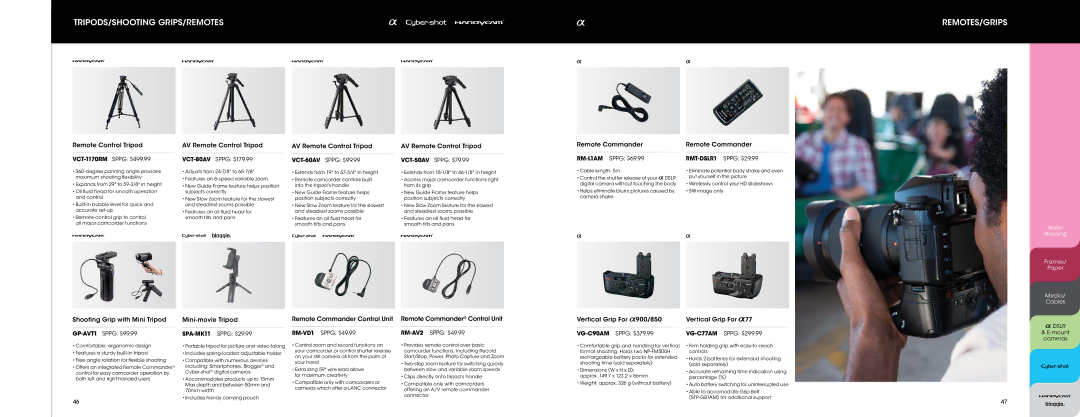 Sony FDAEP8AM manual Tripods/Shooting Grips/Remotes Remotes/Grips, Remote Commander Control Unit 