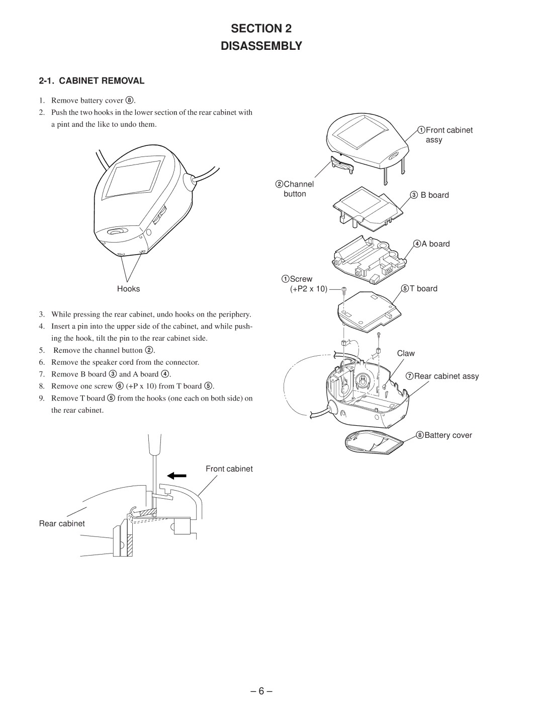 Sony FDL-PT22/JE service manual Section Disassembly, Cabinet Removal, 2Channel button 1Screw Hooks +P2 x 