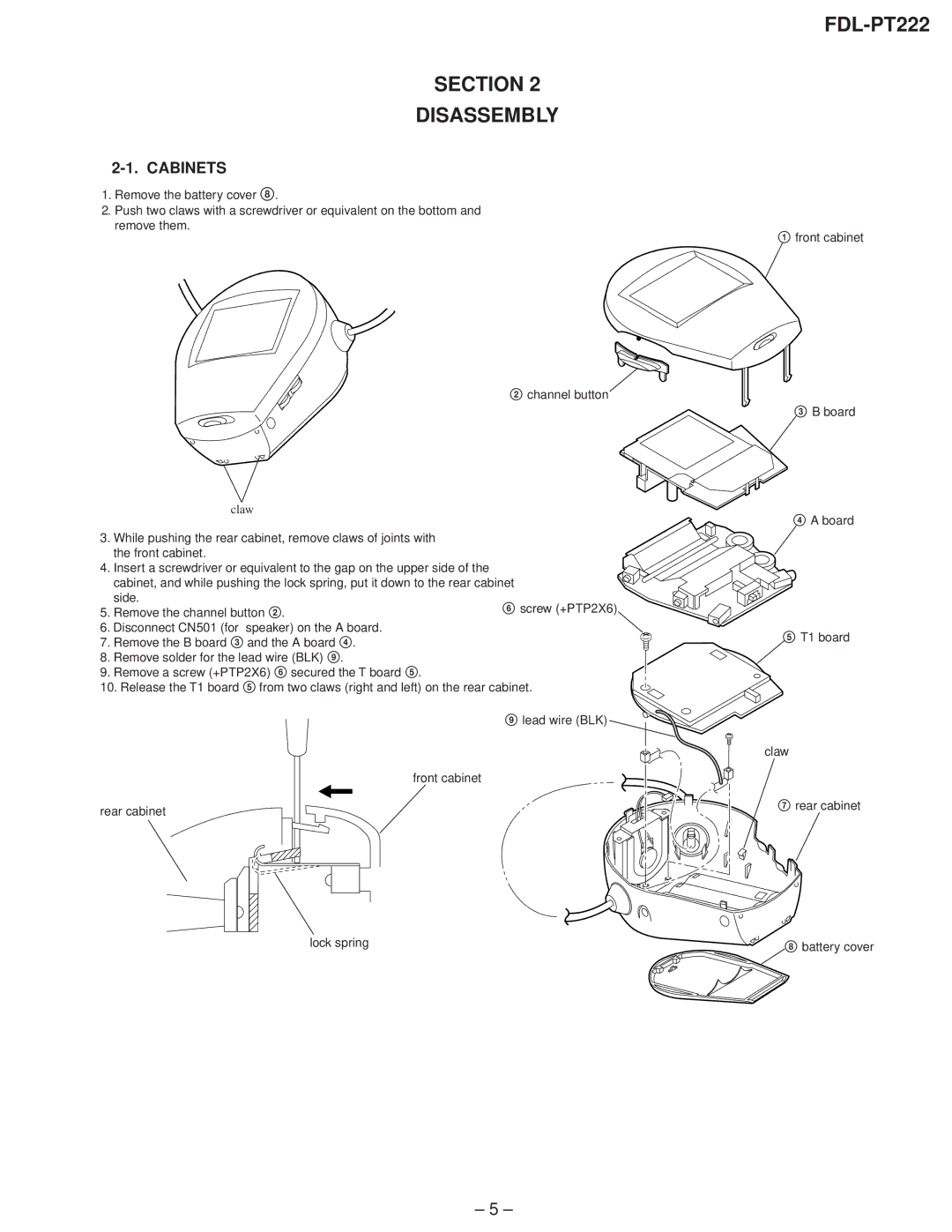 Sony FDL-PT222 service manual Section Disassembly, Cabinets 