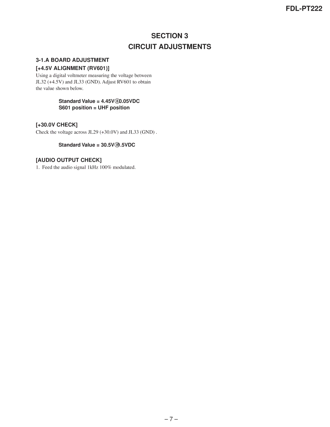 Sony FDL-PT222 Section Circuit Adjustments, Board Adjustment, Audio Output Check VIF.AFT Coarse Adjustmnt T201, T202 