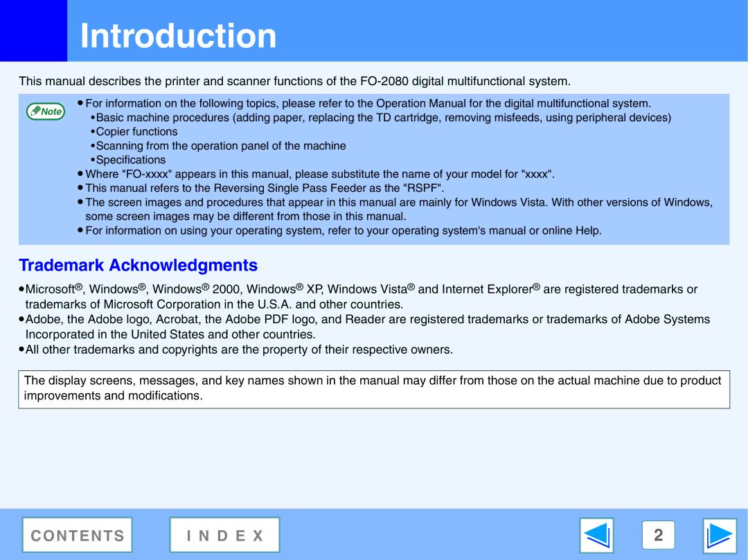 Sony FO-2080 manual Introduction, Trademark Acknowledgments 