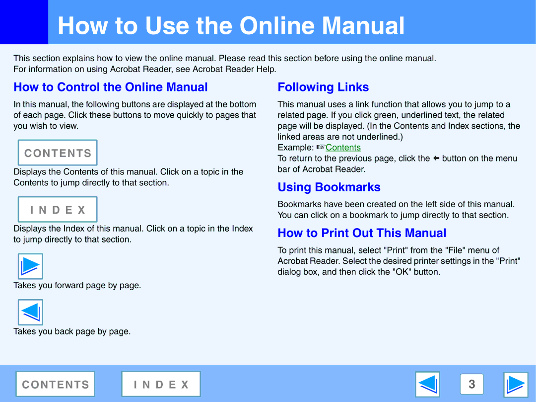 Sony FO-2080 manual How to Use the Online Manual, How to Control the Online Manual, Following Links, Using Bookmarks 