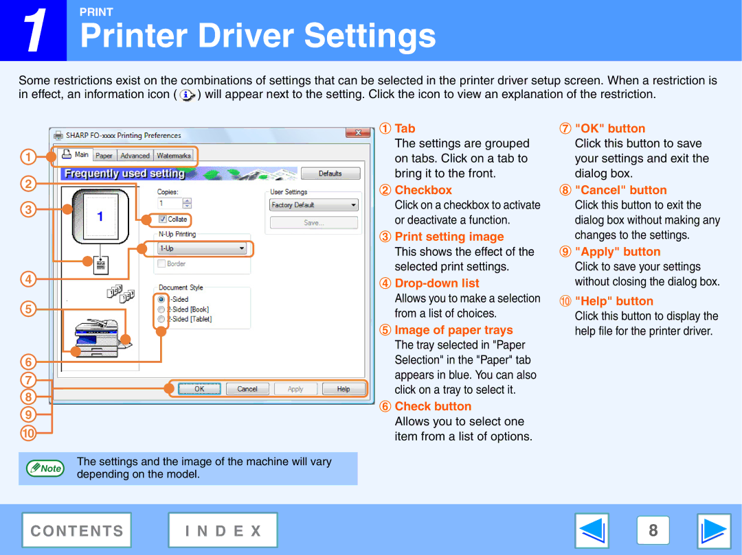 Sony FO-2080 manual Printer Driver Settings, Apply button 