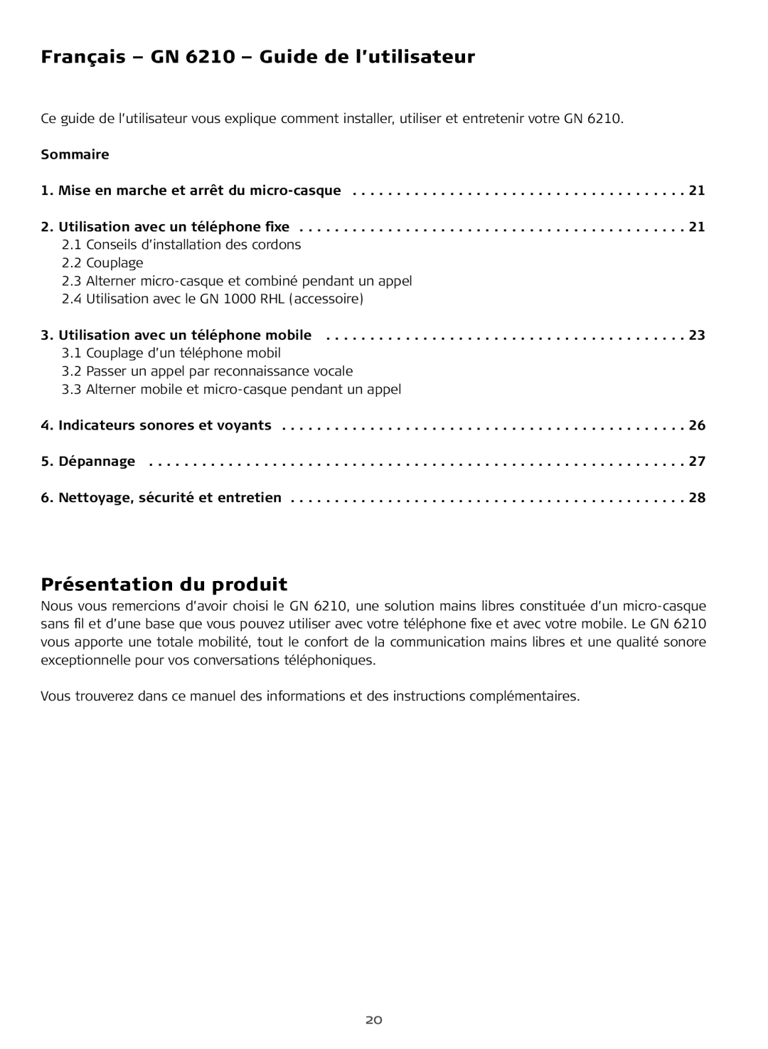 Sony FR 20 manual Français - GN 6210 - Guide de l’utilisateur, Présentation du produit 