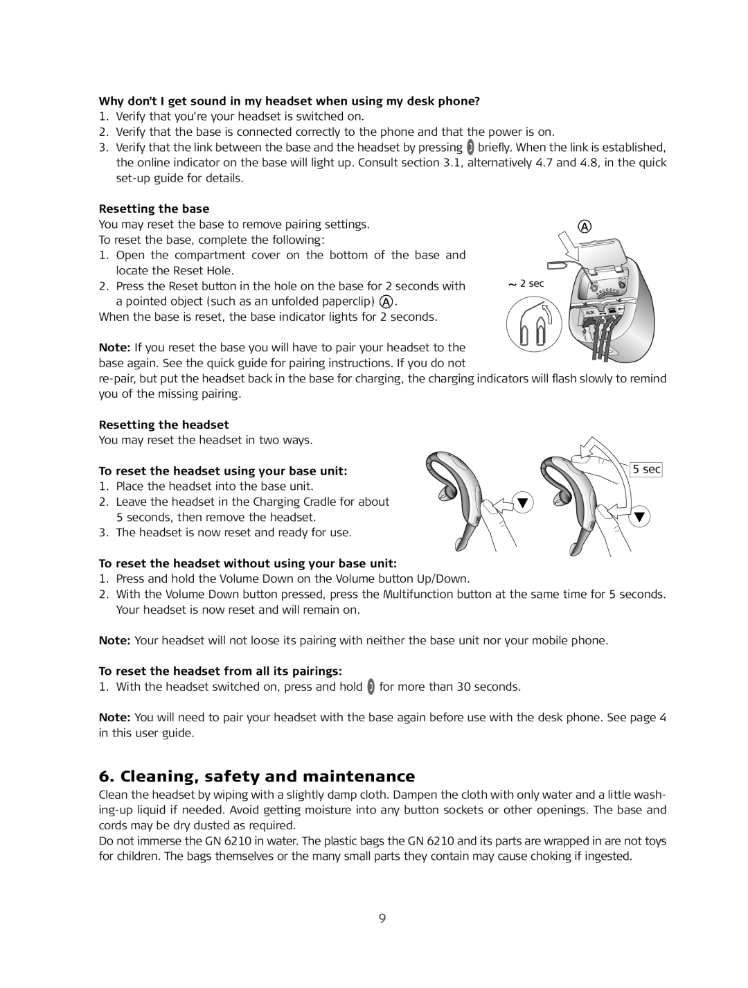 Sony FR 20 manual Cleaning, safety and maintenance, Resetting the base, Resetting the headset 