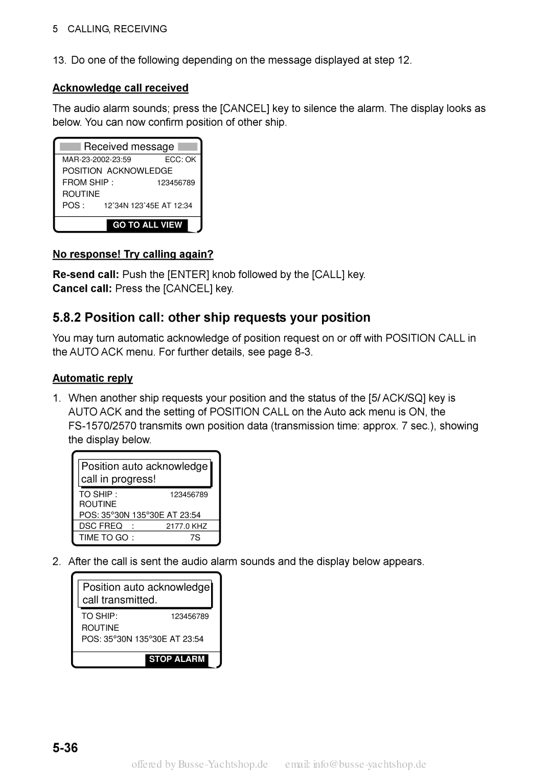 Sony FS-1570, FS-2570 manual Position call other ship requests your position, Acknowledge call received, Automatic reply 
