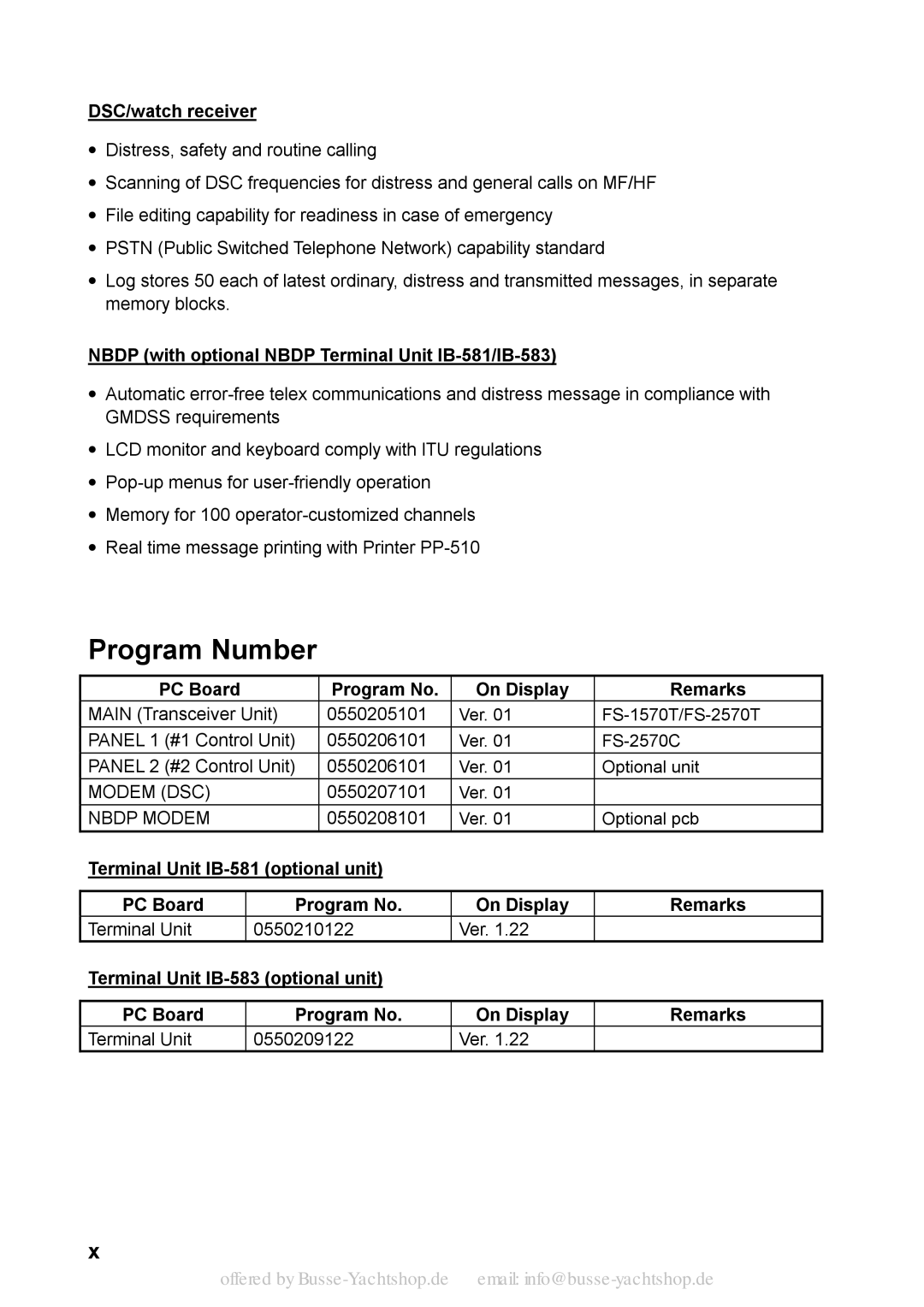 Sony FS-1570, FS-2570 manual Program Number, DSC/watch receiver, Nbdp with optional Nbdp Terminal Unit IB-581/IB-583 