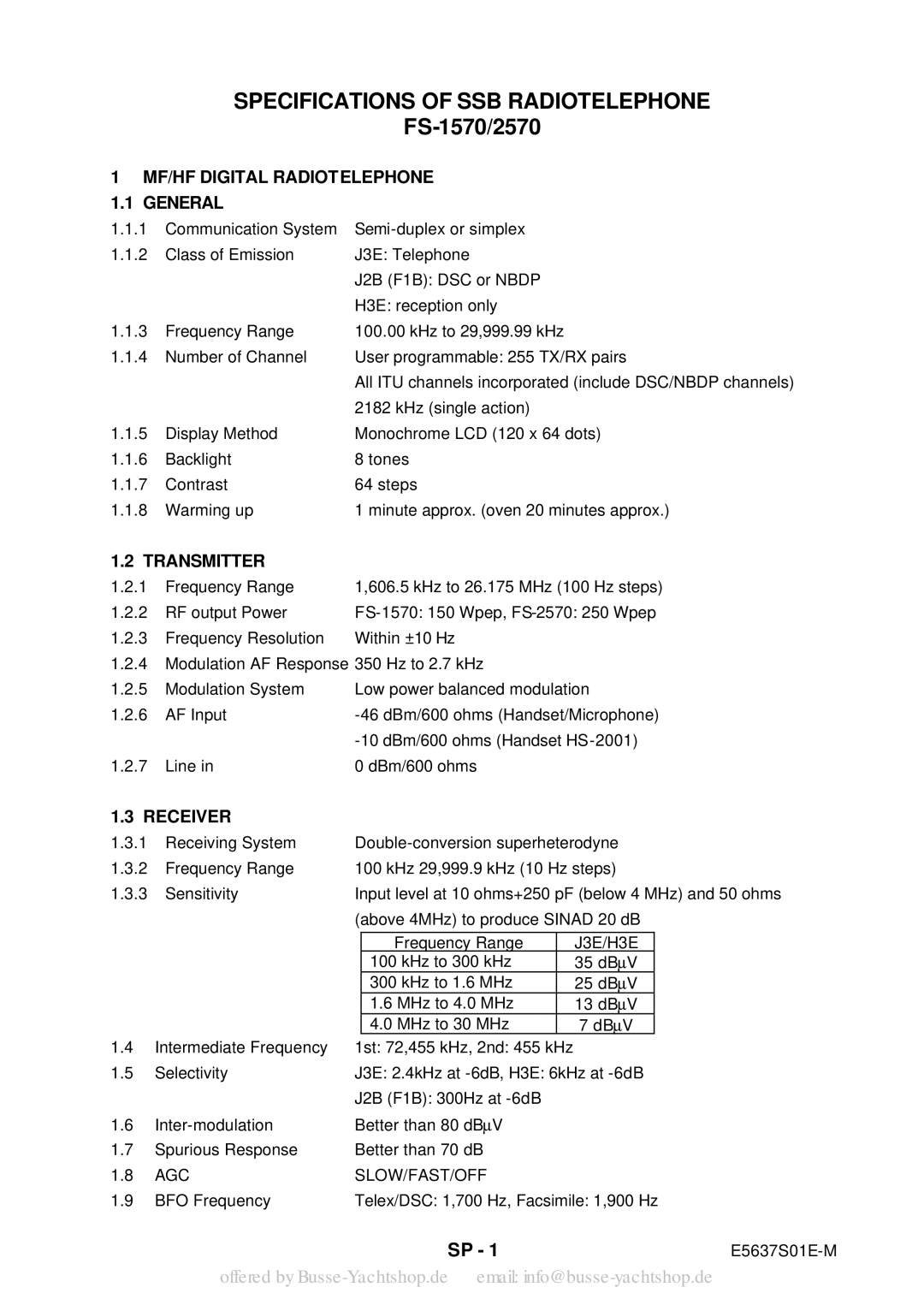 Sony FS-2570 manual Specifications of SSB Radiotelephone, FS-1570/2570 