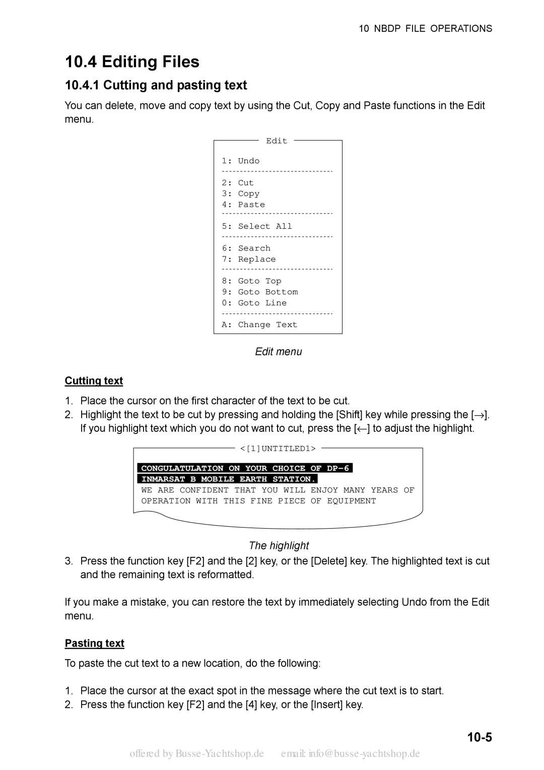 Sony FS-2570, FS-1570 manual Editing Files, Cutting and pasting text, 10-5, Cutting text, Pasting text 