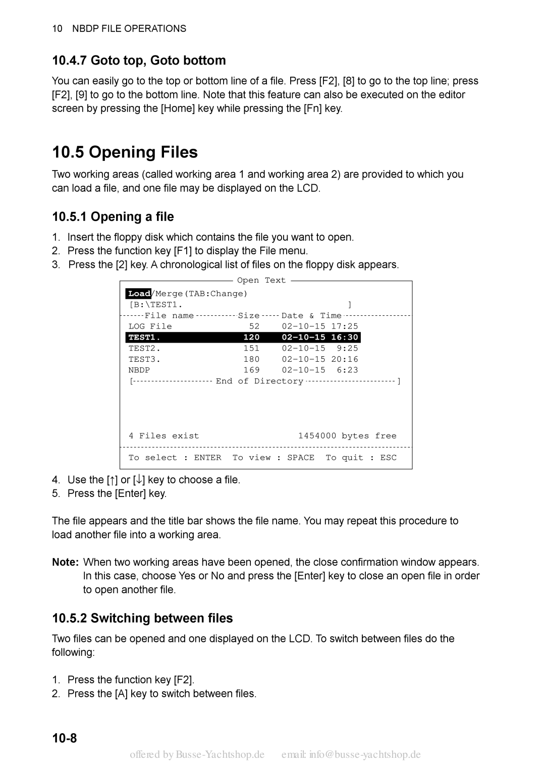 Sony FS-1570, FS-2570 manual Opening Files, Goto top, Goto bottom, Opening a file, Switching between files, 10-8 