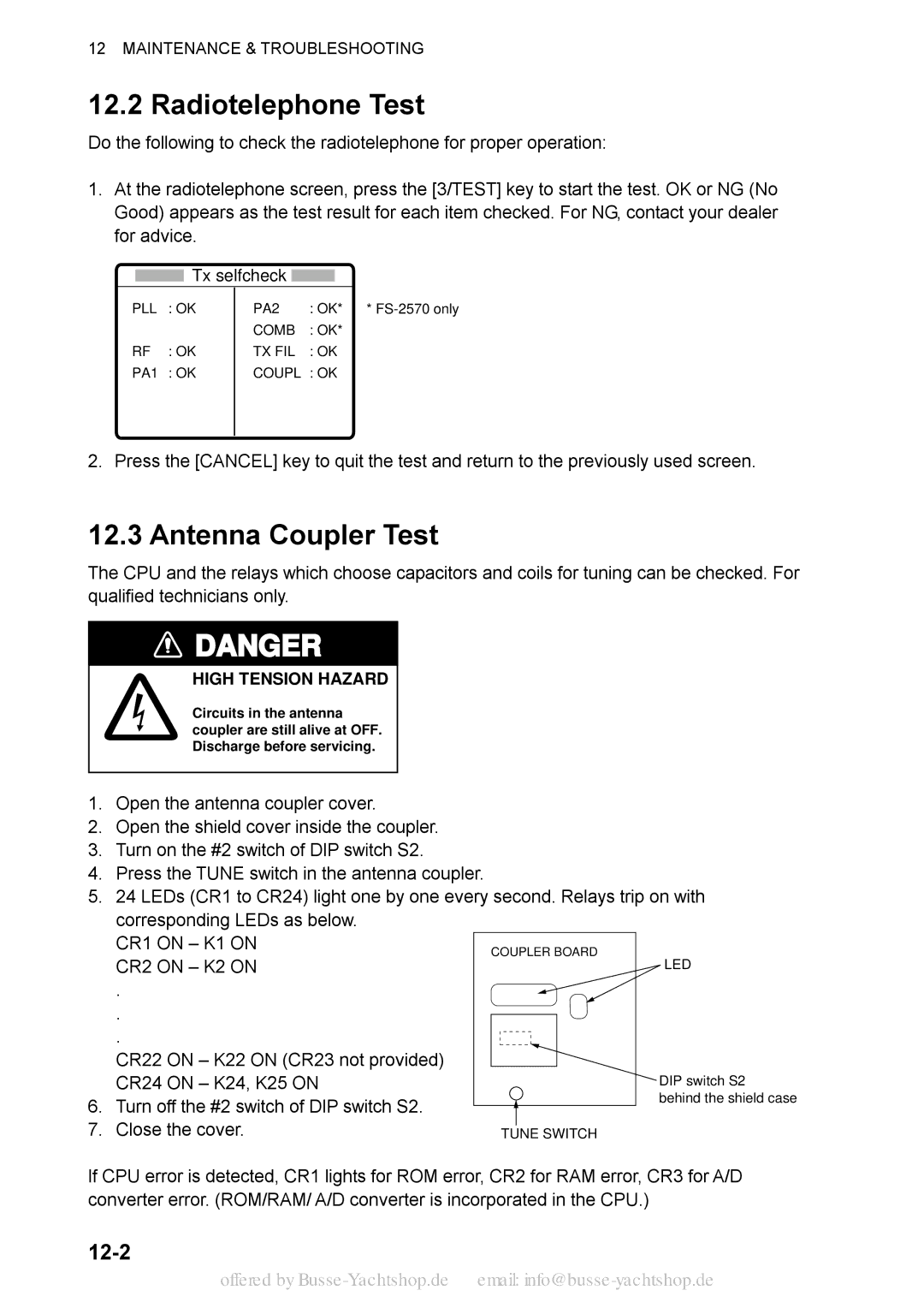 Sony FS-1570, FS-2570 manual Radiotelephone Test, Antenna Coupler Test, 12-2 