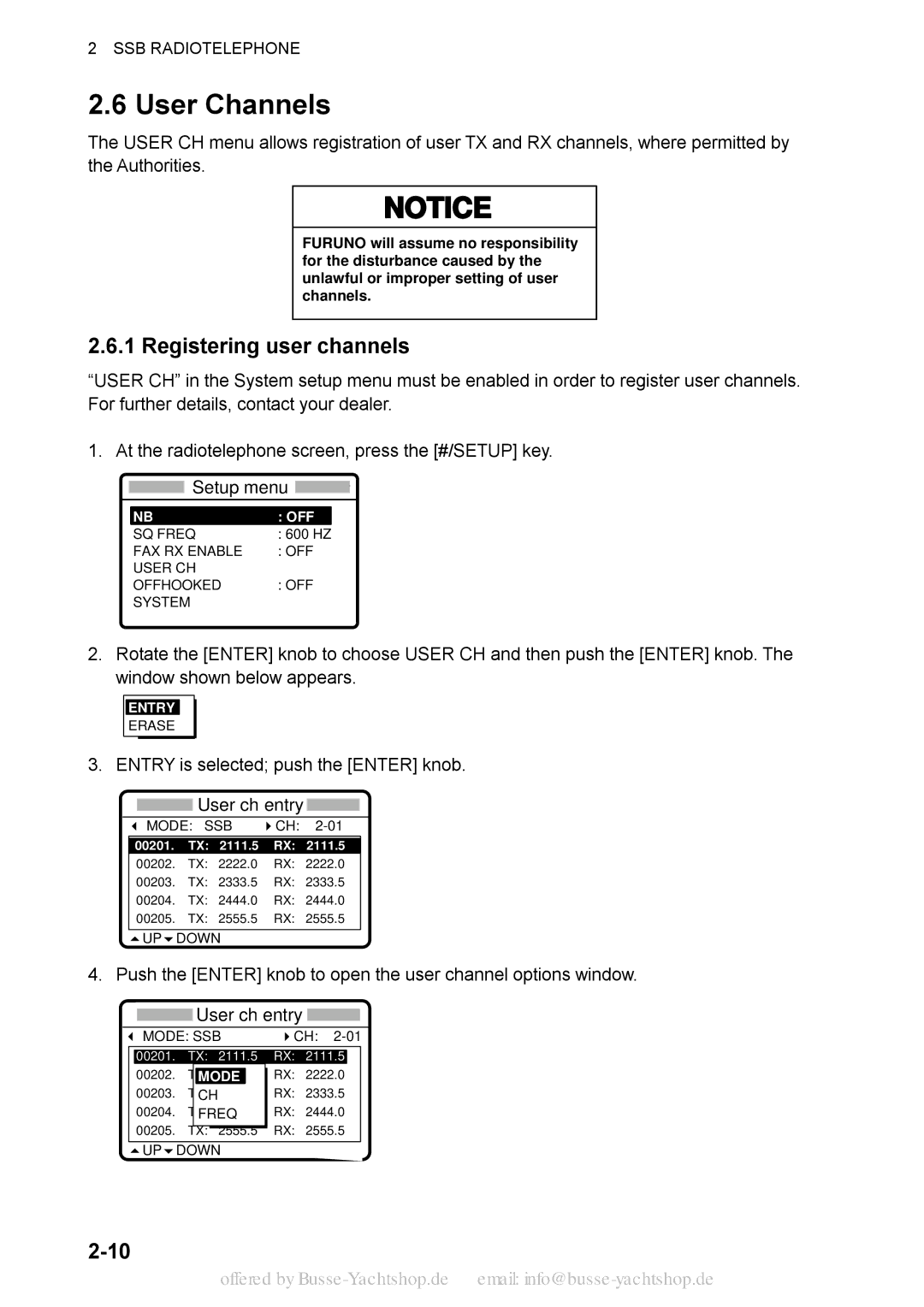 Sony FS-1570 User Channels, Registering user channels, Window shown below appears, Entry is selected push the Enter knob 