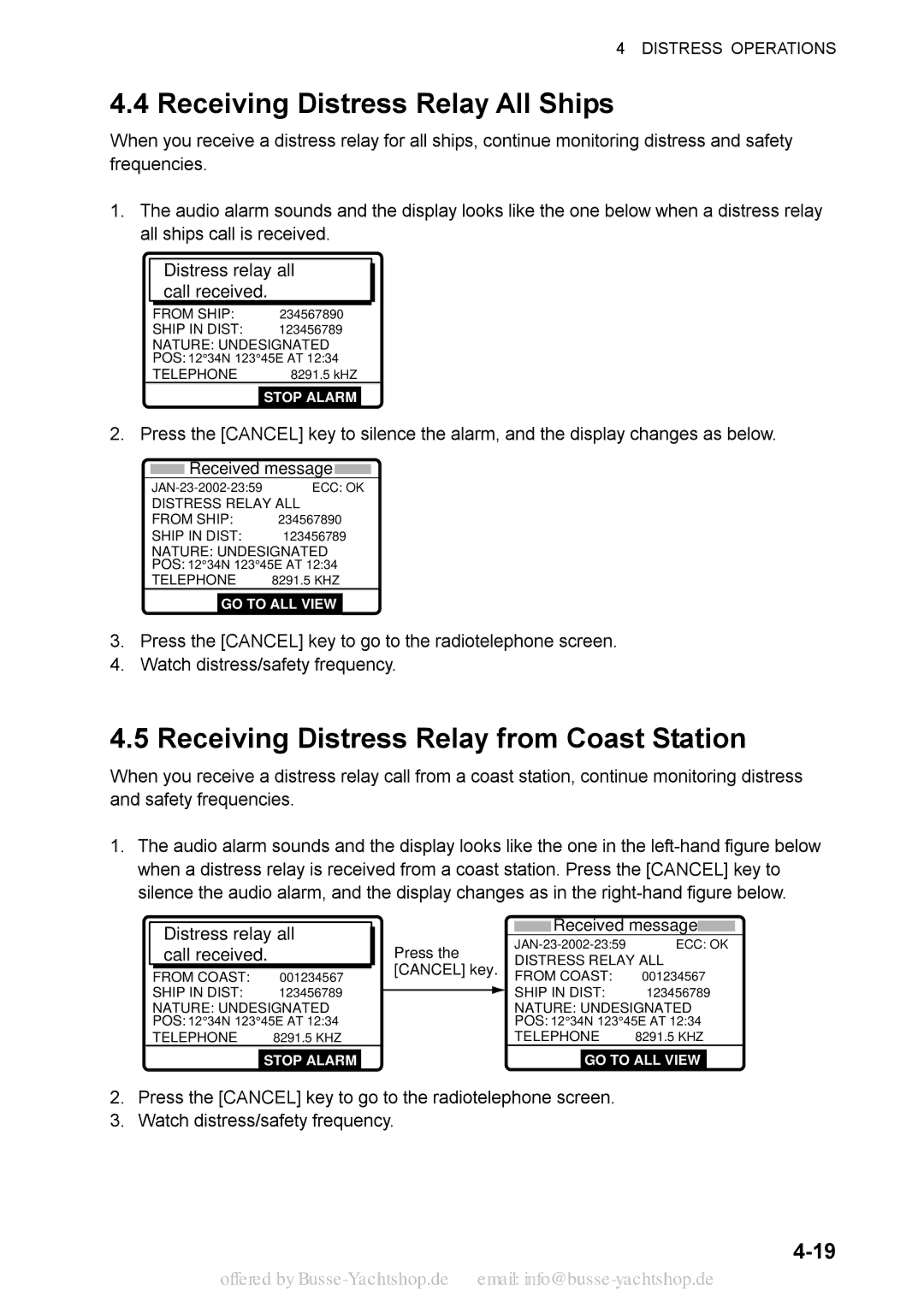 Sony FS-2570, FS-1570 manual Receiving Distress Relay All Ships, Receiving Distress Relay from Coast Station 