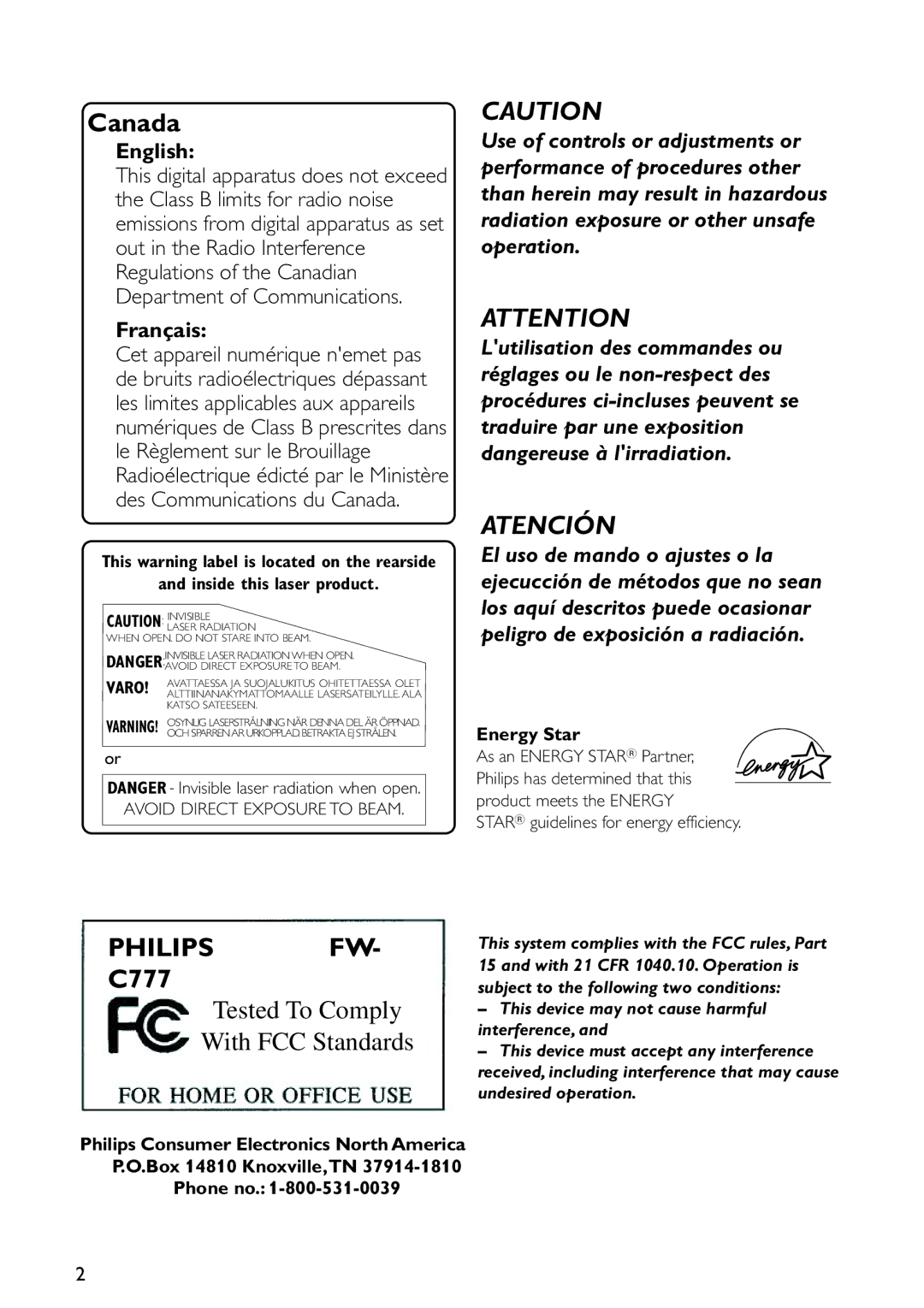 Sony FW-C777 warranty English, Français, Inside this laser product, Energy Star 