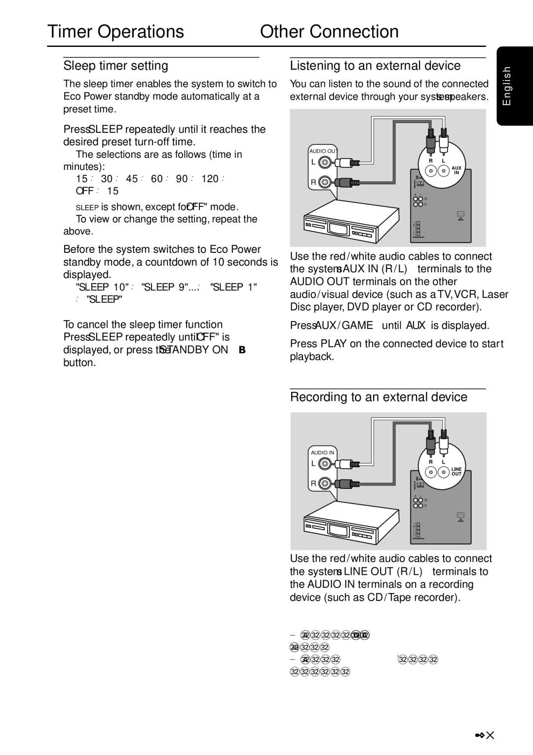 Sony FW-C777 warranty Timer Operations Other Connection, Sleep timer setting, Listening to an external device 