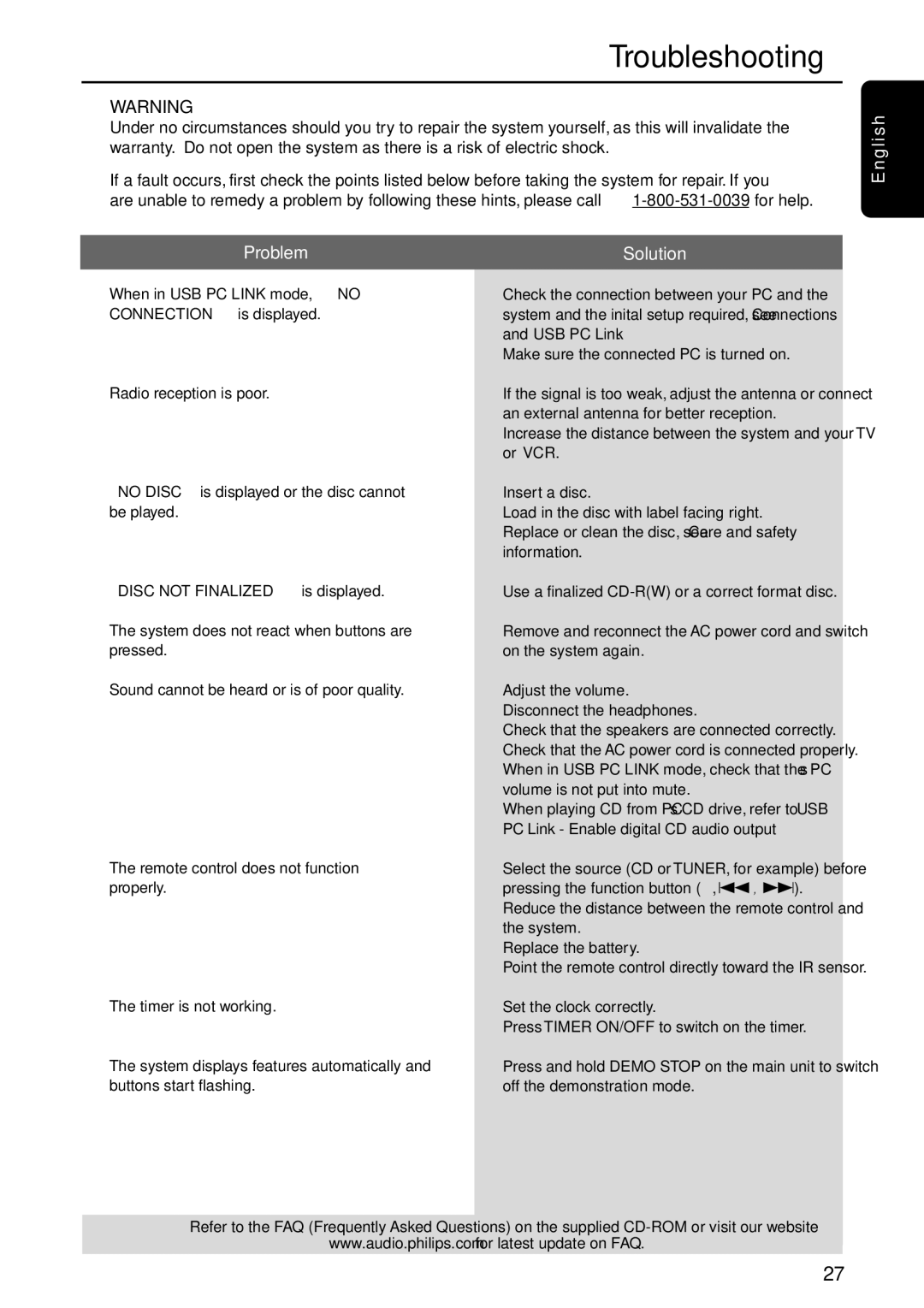 Sony FW-C777 warranty Troubleshooting, Problem Solution G l i s h 