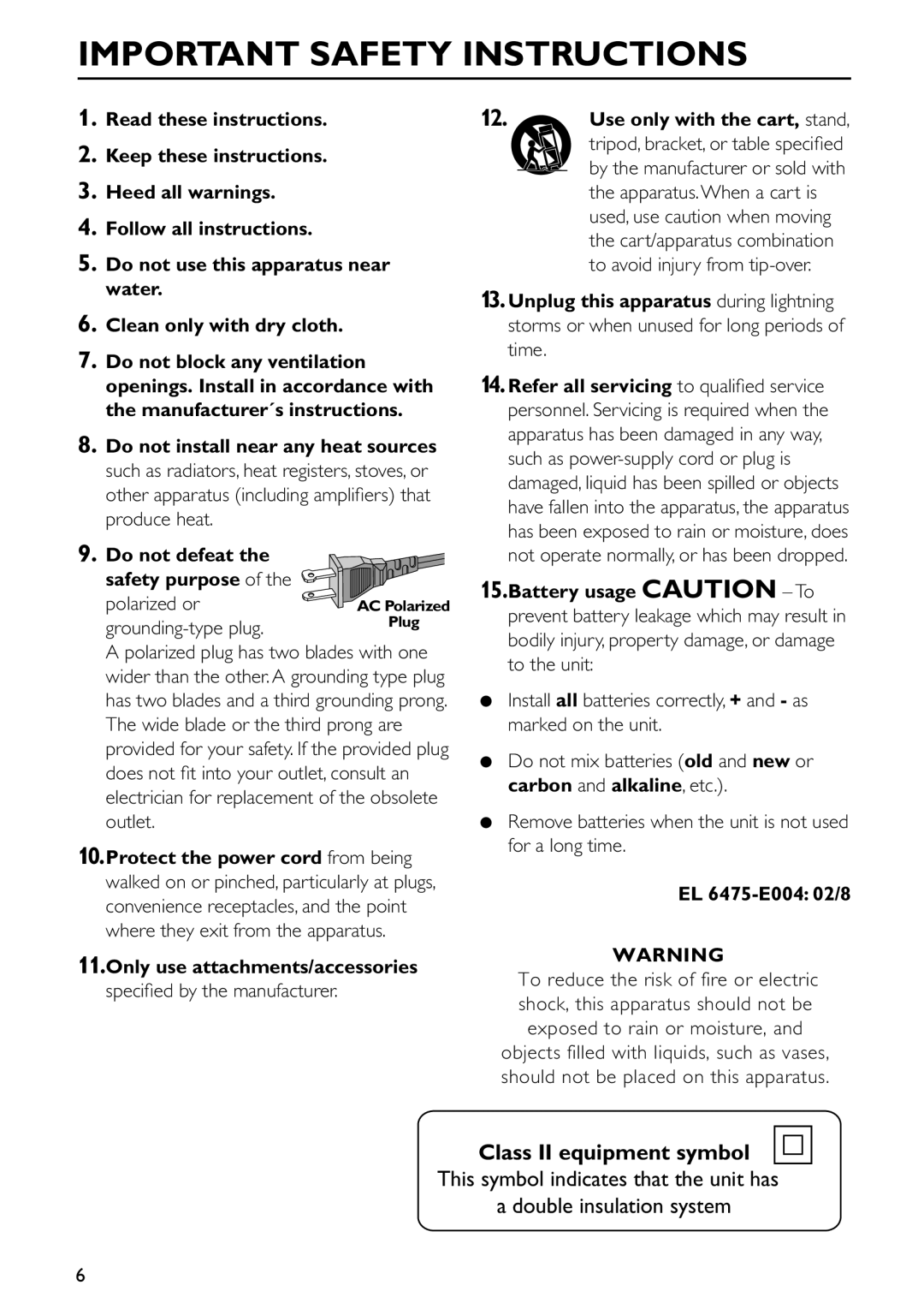 Sony FW-C777 warranty Important Safety Instructions, Class II equipment symbol 