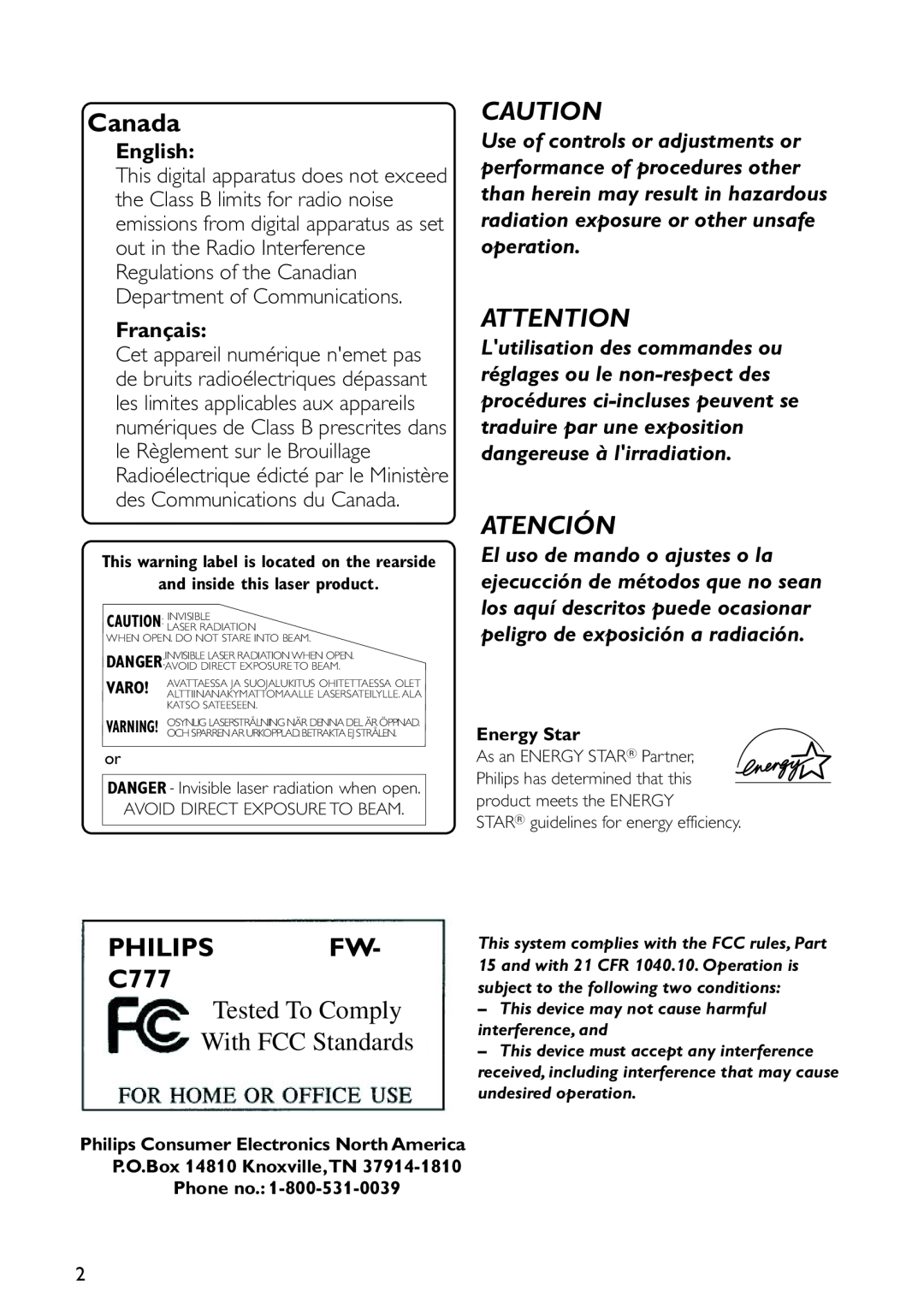 Sony FW-C777 warranty Atención, English, Français, Canada, PHILIPS FW C777, Tested To Comply With FCC Standards 