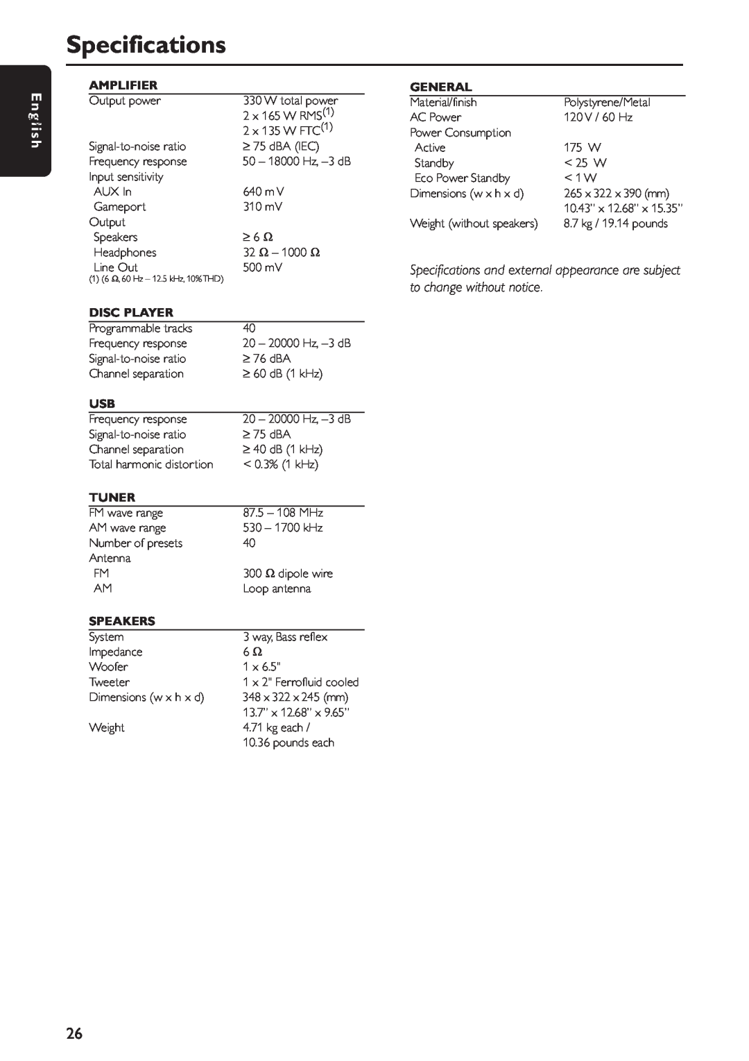 Sony FW-C777 warranty Specifications, En g li sh 