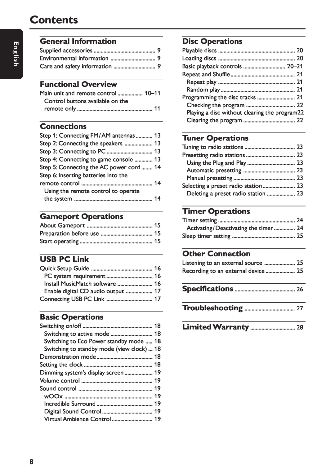 Sony FW-C777 warranty Contents, General Information, Functional Overview, Connections, Gameport Operations, Disc Operations 