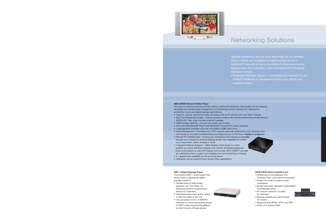 Sony FWD-32LX1R/B warranty Networking Solutions, EBS-N200D Network Media Player, NSP-1 Digital Signage Player 