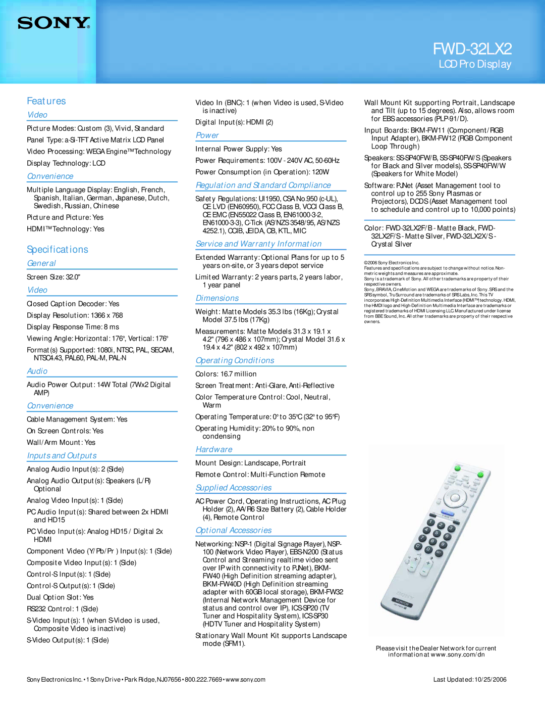 Sony FWD-32LX2 manual Features, Specifications 