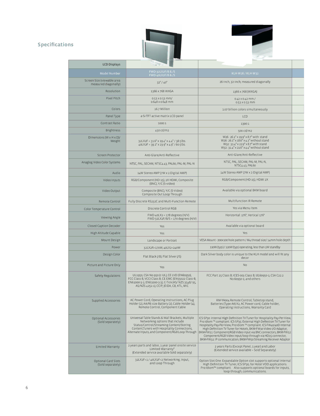 Sony FWD-32LX2S, FWD-42PV1, FWD-40LX2S manual Speciﬁcations 