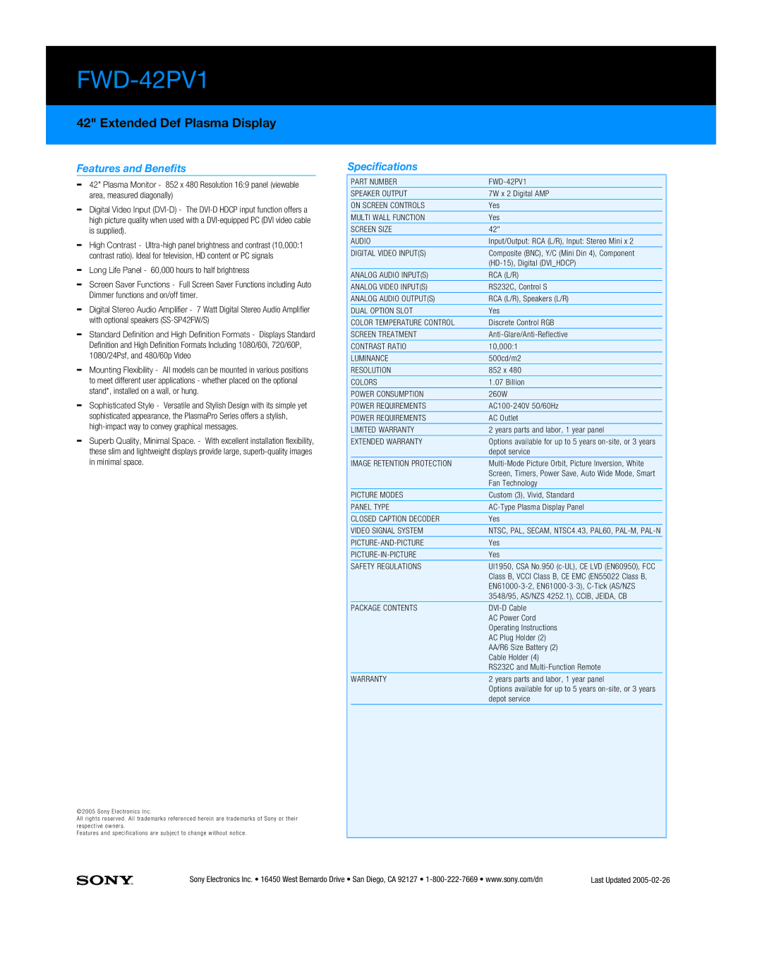 Sony FWD-42PV1/B manual Features and Benefits, Specifications 