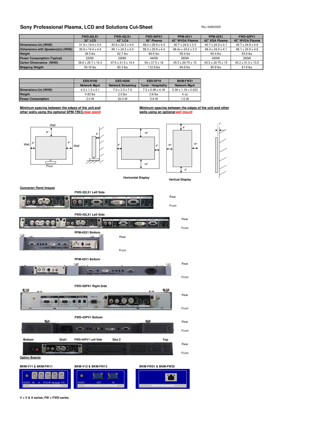 Sony FWD-42PV1, FWD-50PX1 dimensions Sony Professional Plasma, LCD and Solutions Cut-Sheet, EBS-SP10, BKM-FW31 & BKM-FW32 