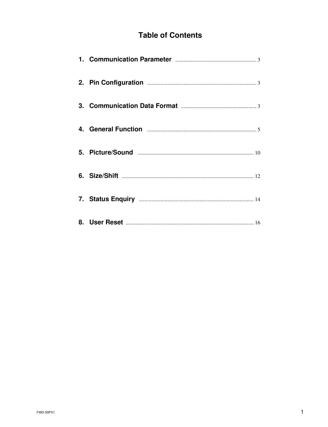 Sony FWD-50PX1 manual Table of Contents 