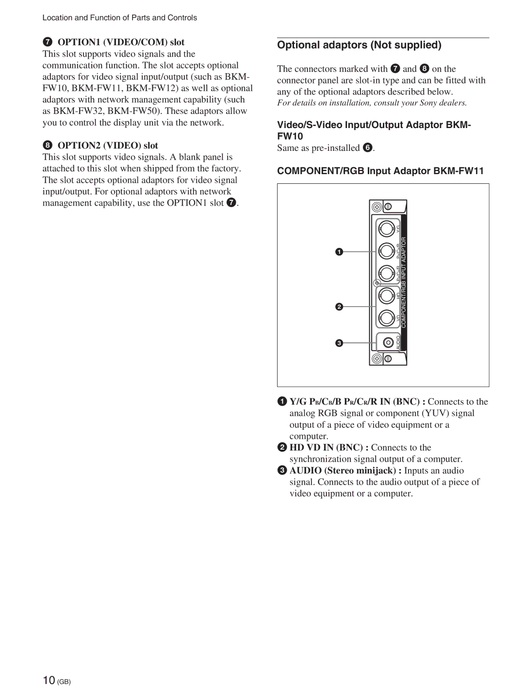 Sony FWD-50PX2A manual Optional adaptors Not supplied, Video/S-Video Input/Output Adaptor BKM- FW10 