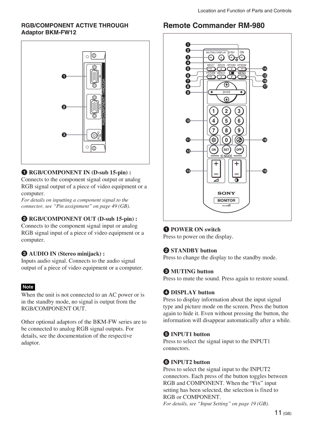 Sony FWD-50PX2A manual Remote Commander RM-980, RGB/COMPONENT Active Through Adaptor BKM-FW12 