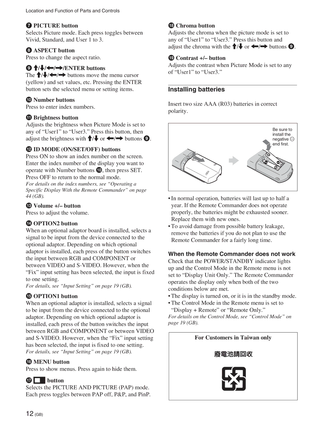 Sony FWD-50PX2A manual Installing batteries, M//,/ENTER buttons 