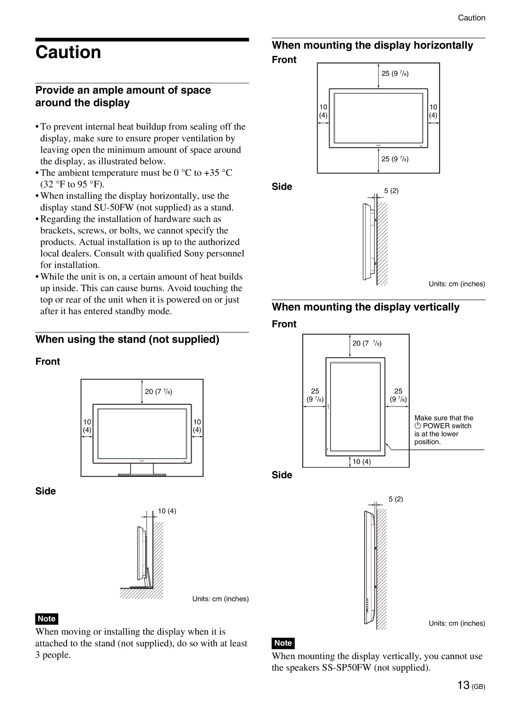 Sony FWD-50PX2A manual When mounting the display horizontally 