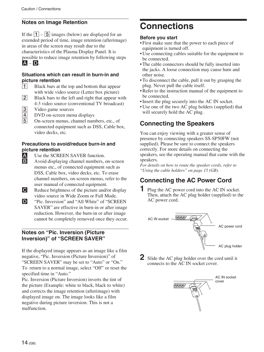 Sony FWD-50PX2A manual Connections, Connecting the Speakers, Connecting the AC Power Cord, Before you start 