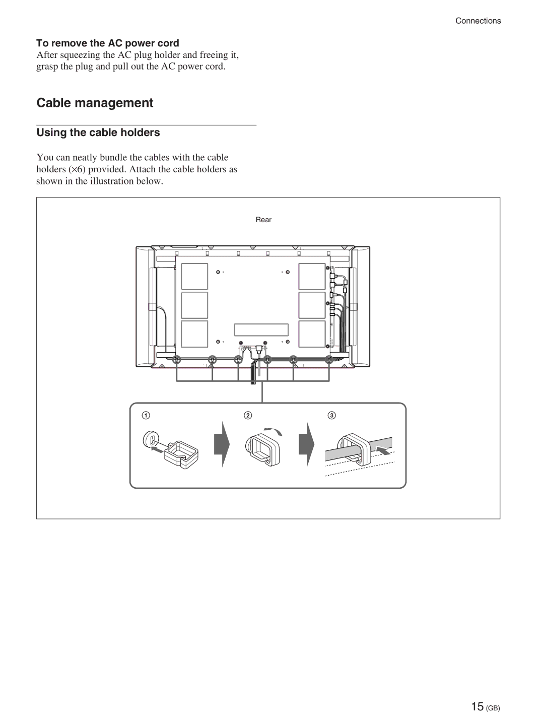 Sony FWD-50PX2A manual Cable management, Using the cable holders, To remove the AC power cord 