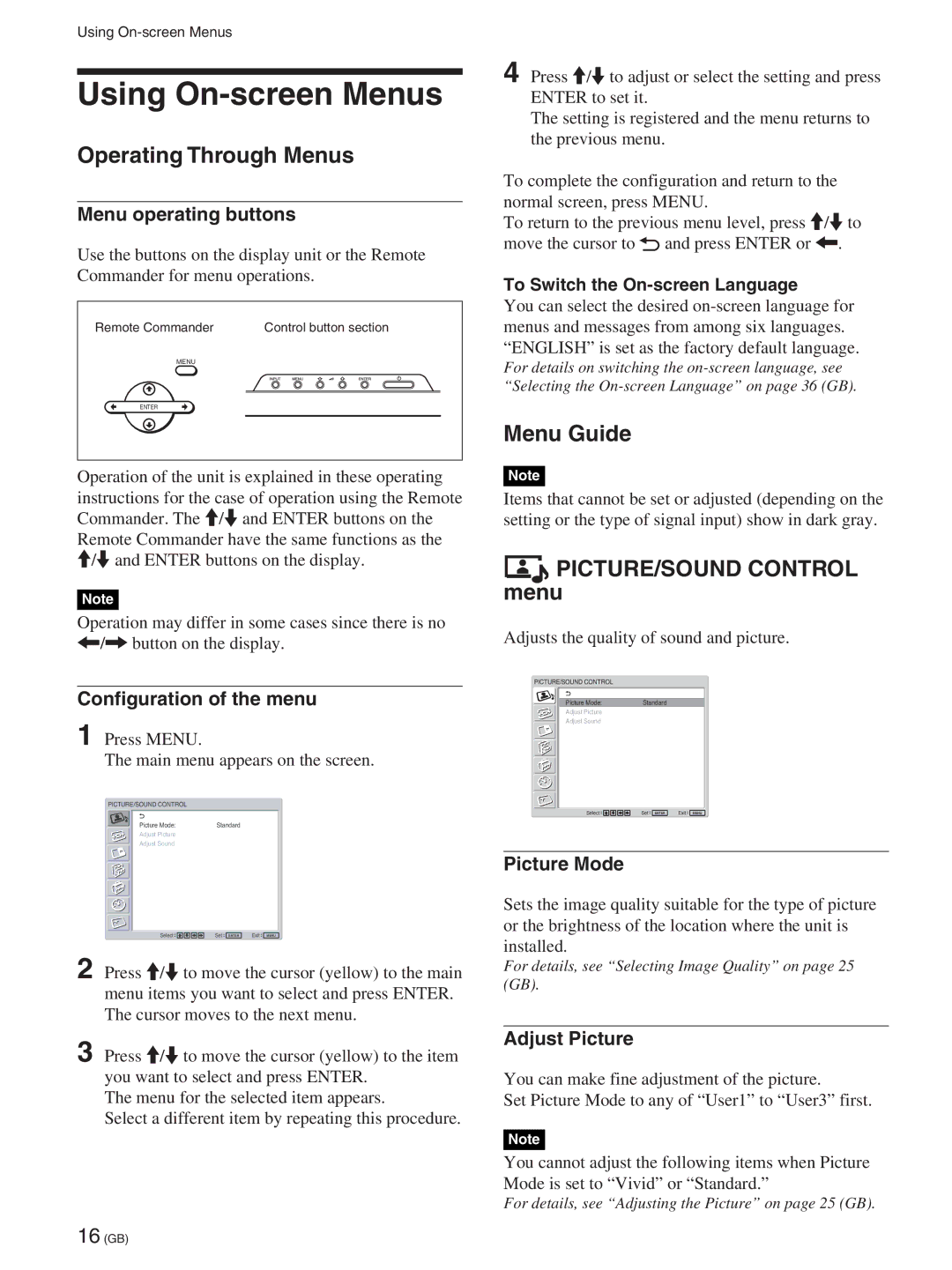 Sony FWD-50PX2A manual Using On-screen Menus, Operating Through Menus, Menu Guide, PICTURE/SOUND Control menu 