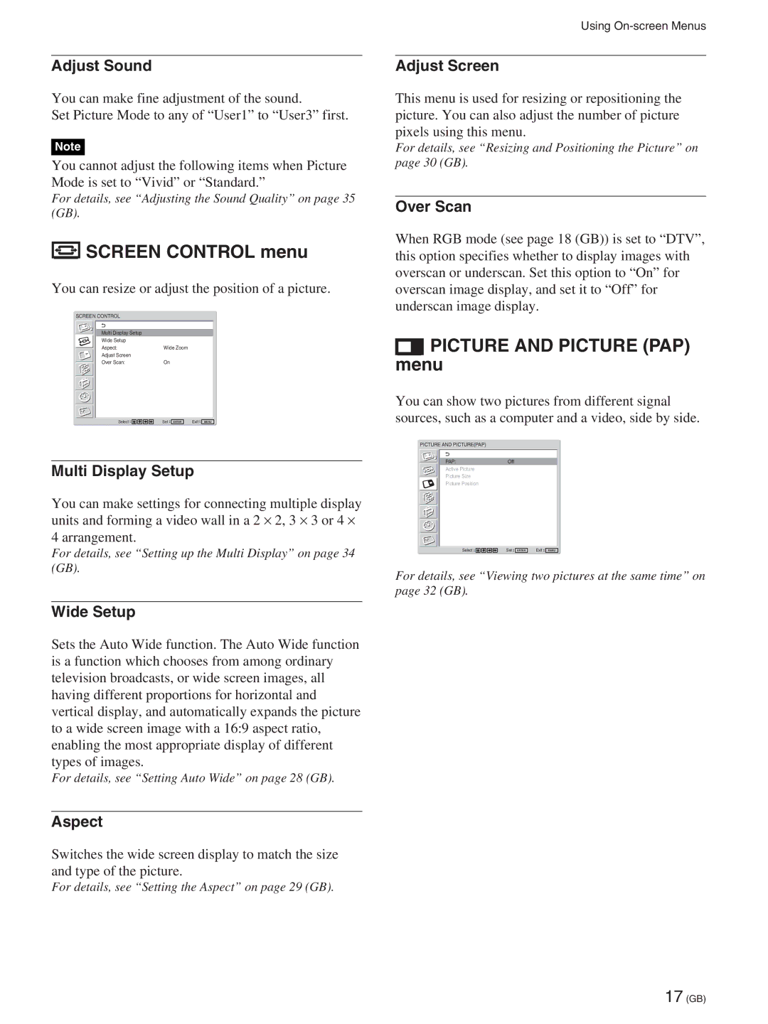 Sony FWD-50PX2A manual Screen Control menu, Picture and Picture PAP menu 