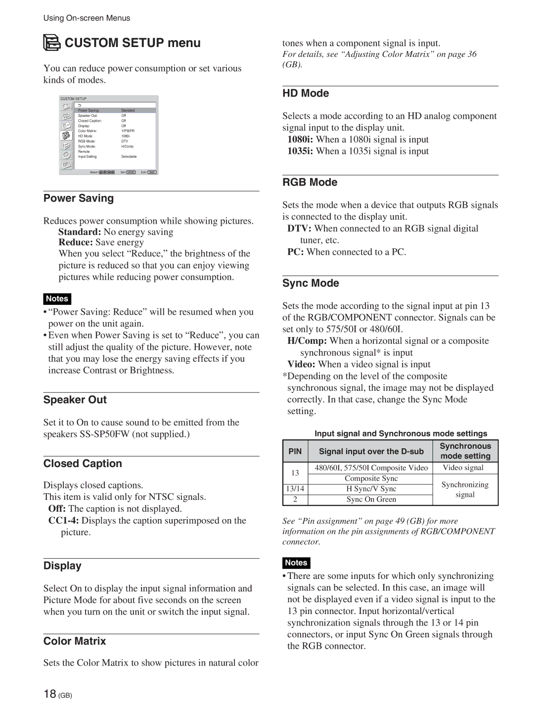 Sony FWD-50PX2A manual Custom Setup menu 